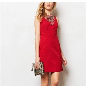 Anthropologie Moulinette Soeurs Red Jeweled Jacquard Shift Dress